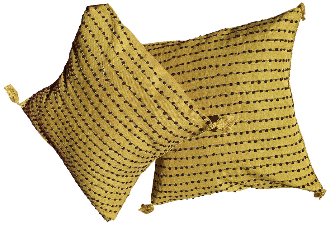 Cojín mexicano de lino Amarillo verdoso y lineas negras
